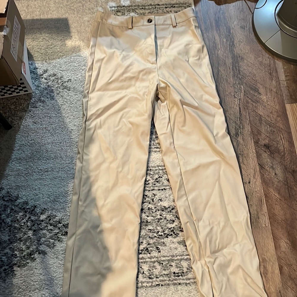 Beige Boo Hoo x Kourtney Kardashian faux leather pants